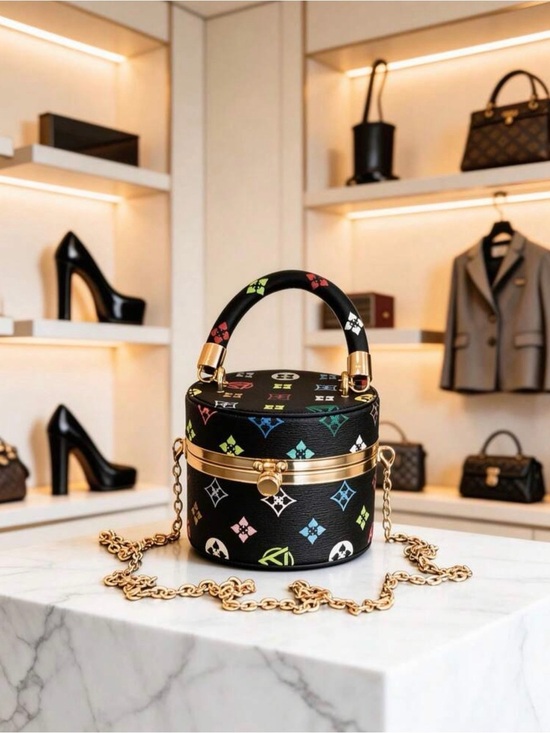Handbags - Luxury Black Multicolor Logo Print Handbag with Gold Hardware